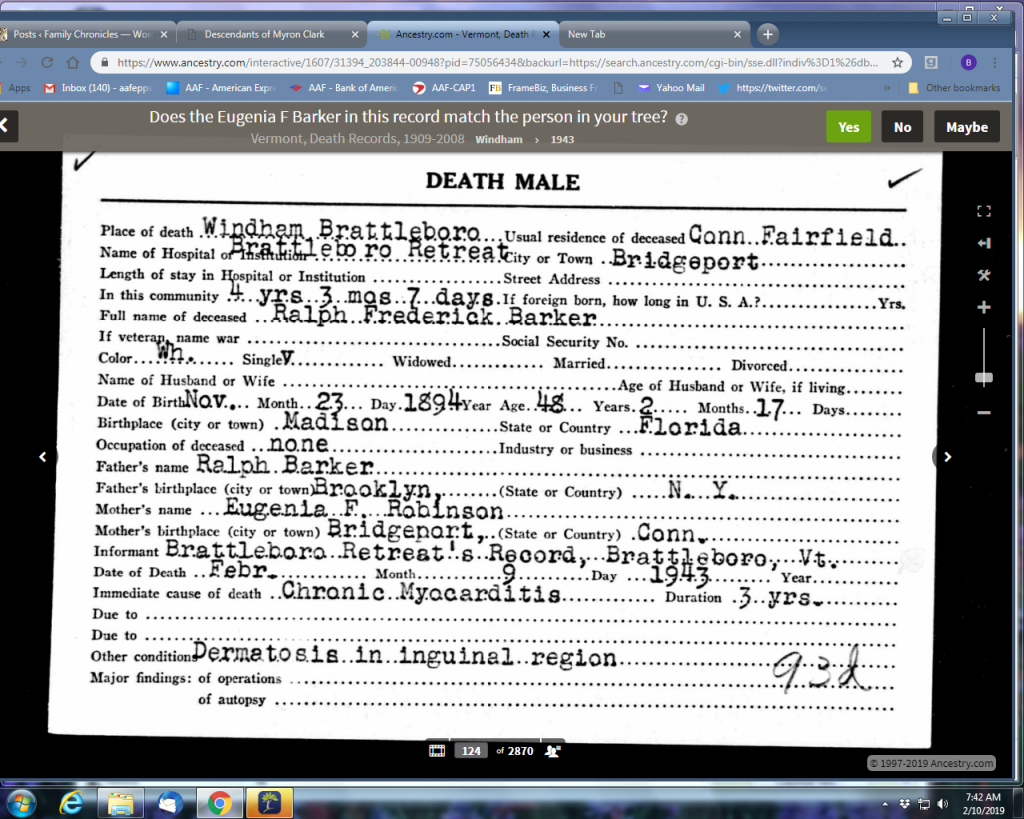 Ralph Federick Barker Death Certificate 